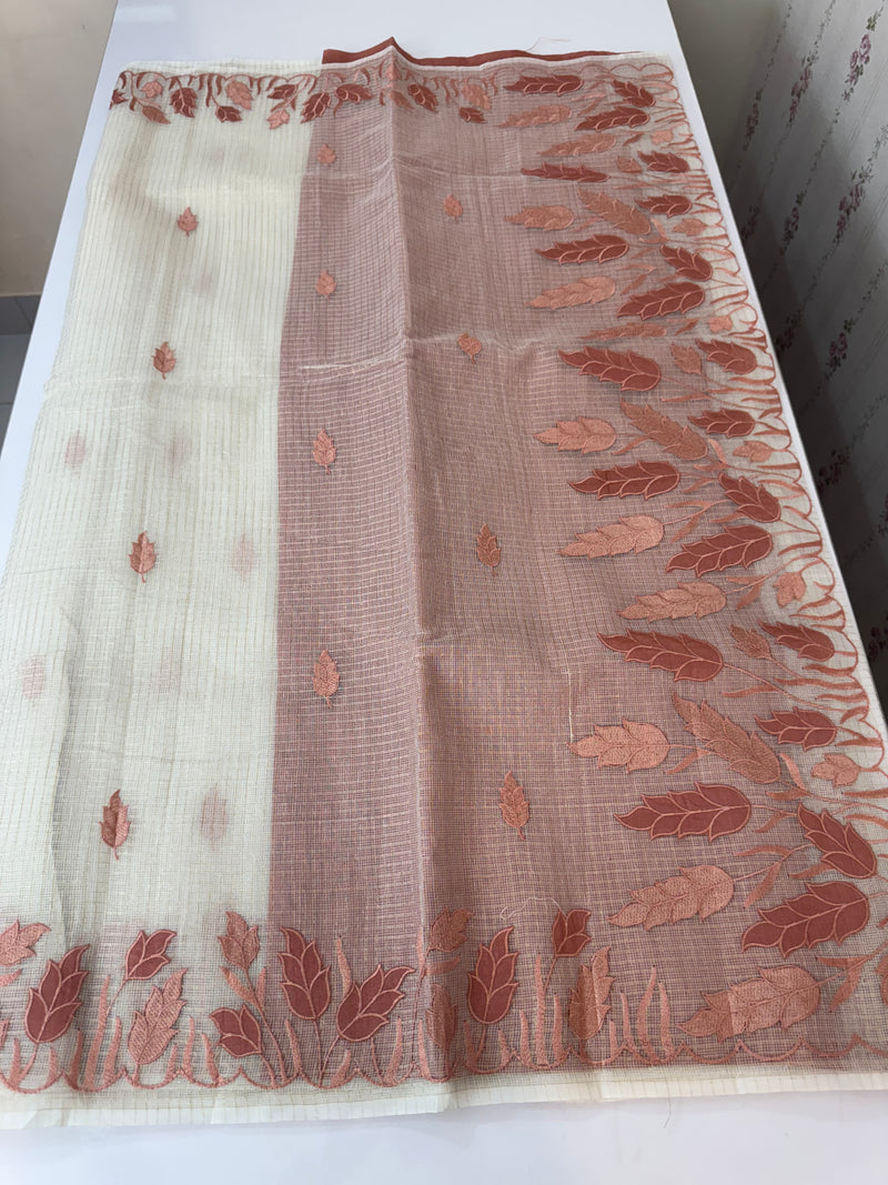 Tissue silk saree with zari checks and applique work  MSH105- Offwhite to DuskyPeach