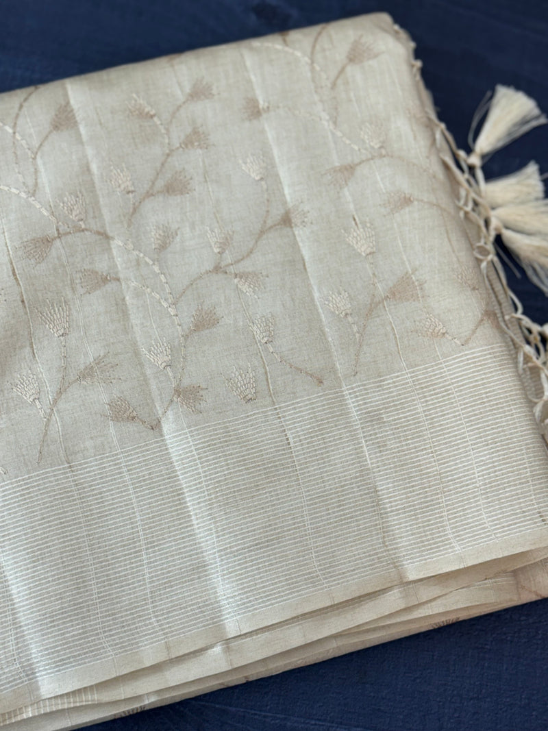 Blended tussar saree with embriodery - MS8665 Cream