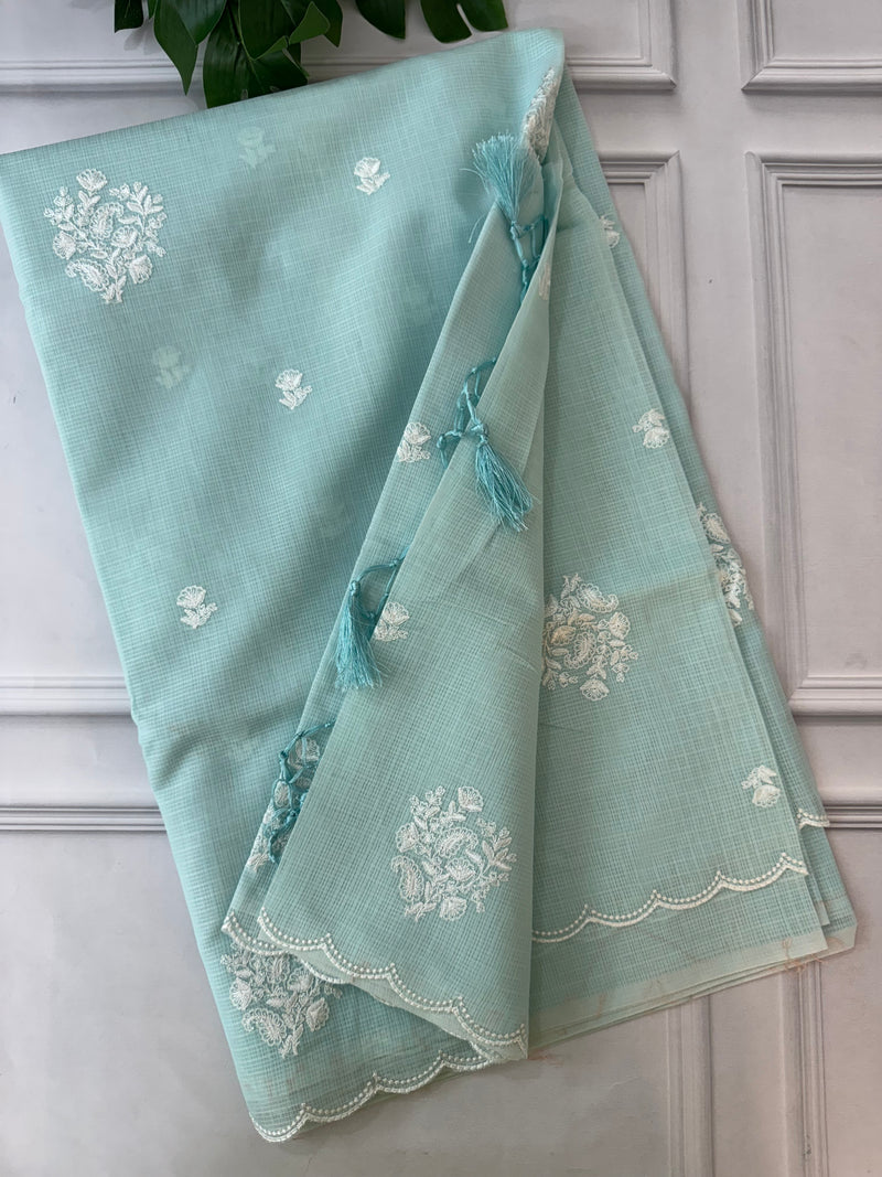 Soft kota checks saree with embroidery BFW497 - PastelBlue