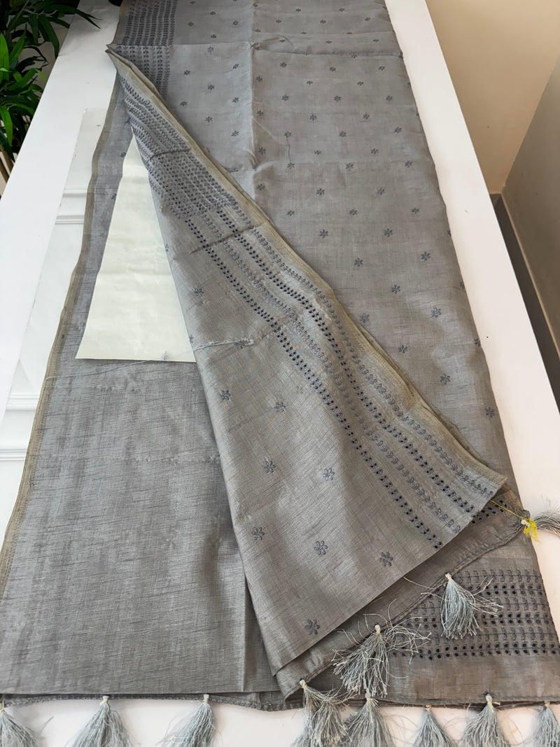 Blended tussar saree with cutwork - MJHG78 Grey