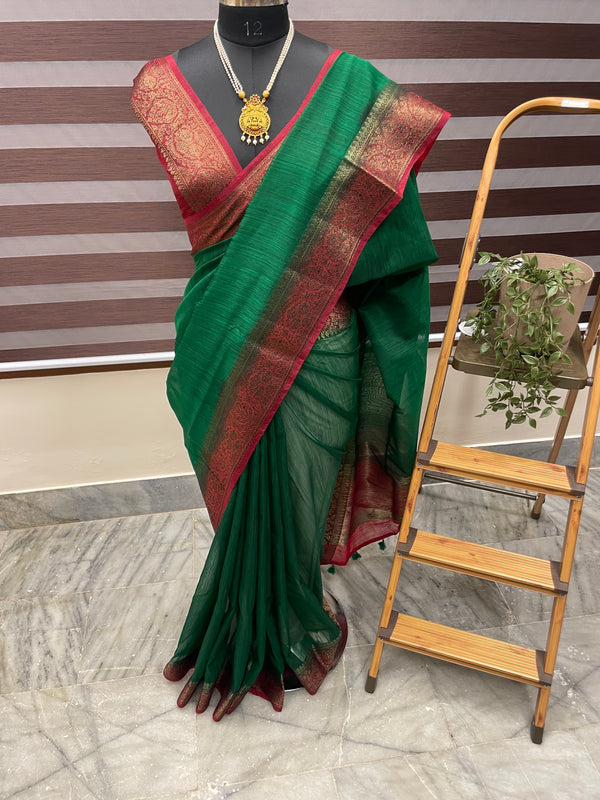 Jute silk sarees with contrast pallu & blouse MJL331 Green to MaroonRed