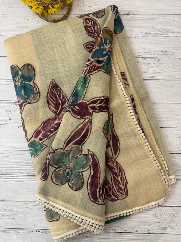 Tissue linen saree with applique work MLS5478