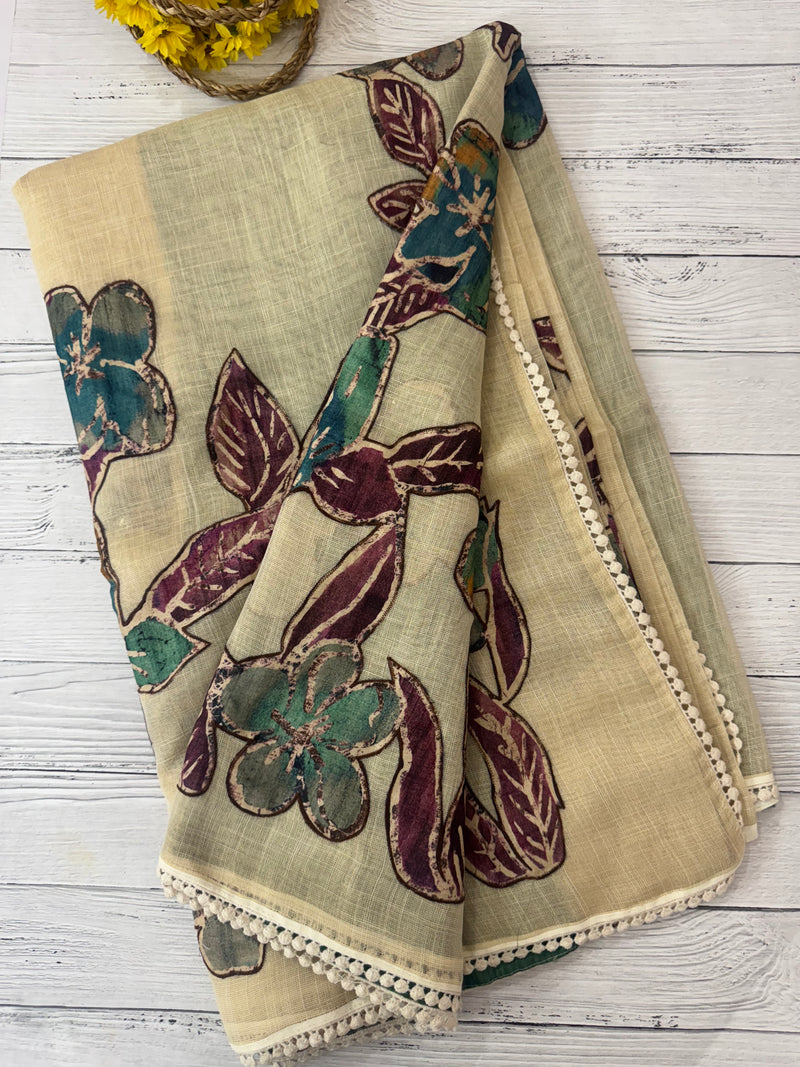Tissue linen saree with applique work MLS5478