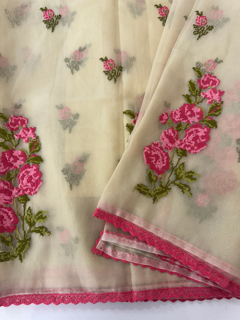 Viscose organza saree with cross stitch embroidery MS5089- PeachyPink