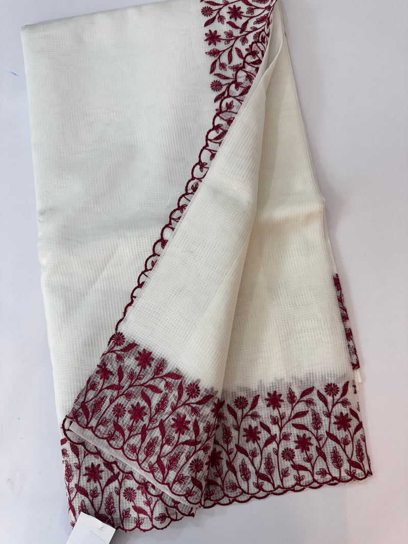 Kota silk saree with embroidery MSB643 White & Maroon