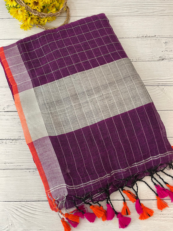 Linen checks saree with zari border MLS9788