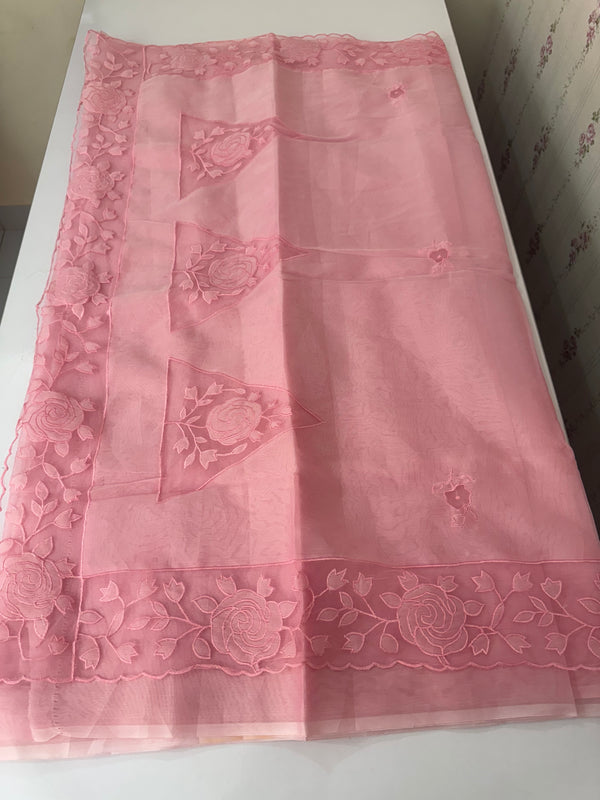 Viscose Organza saree with applique work-MSH101 Pink