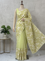 Jute Linen saree with thread work MSH206 - PistaGreen