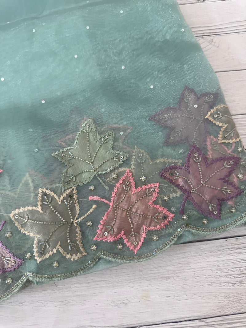 Handworked glass organza saree with applique work- MSHW227- BlueGreen