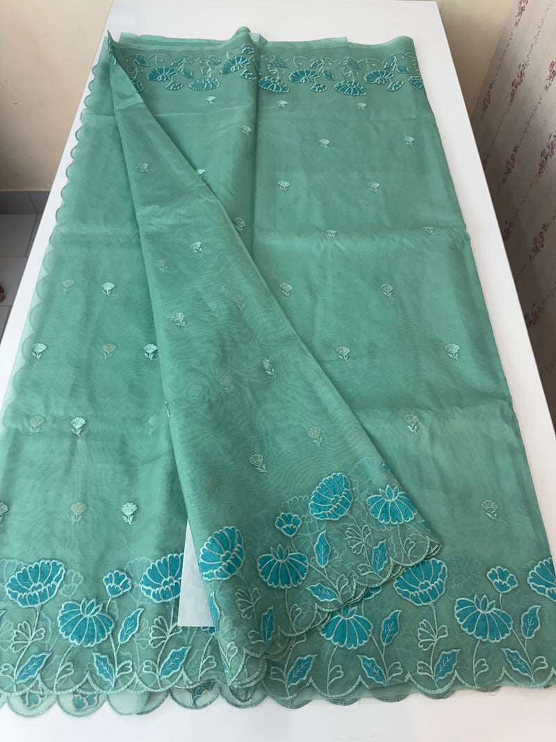 Viscose Organza saree with applique work-MSH103 GreenmixBlue