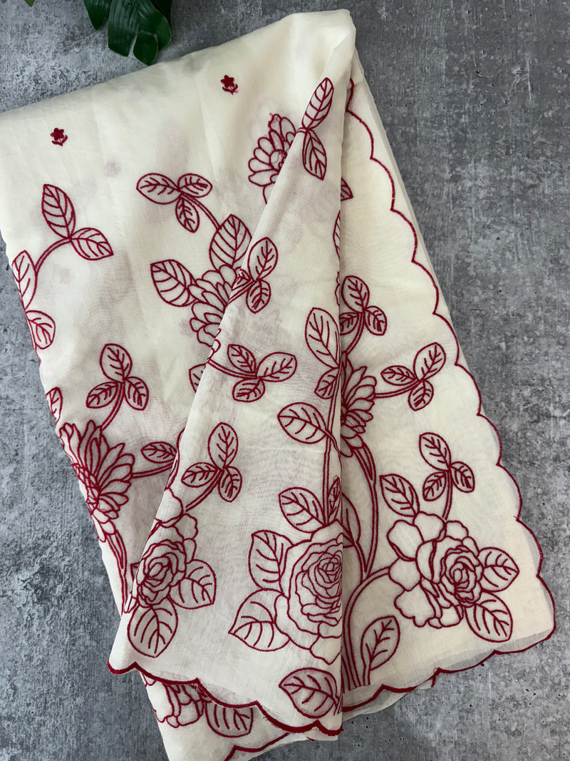 Mul chanderi embriodery saree  MSH135 - Offwhite & Red (Design 3)