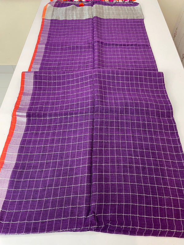 Linen checks saree with zari border MLS9788