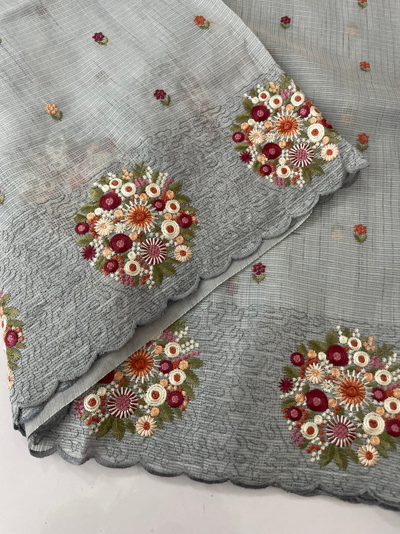 Soft kota silk saree with embroidery MSS678- Pastel BluishGrey