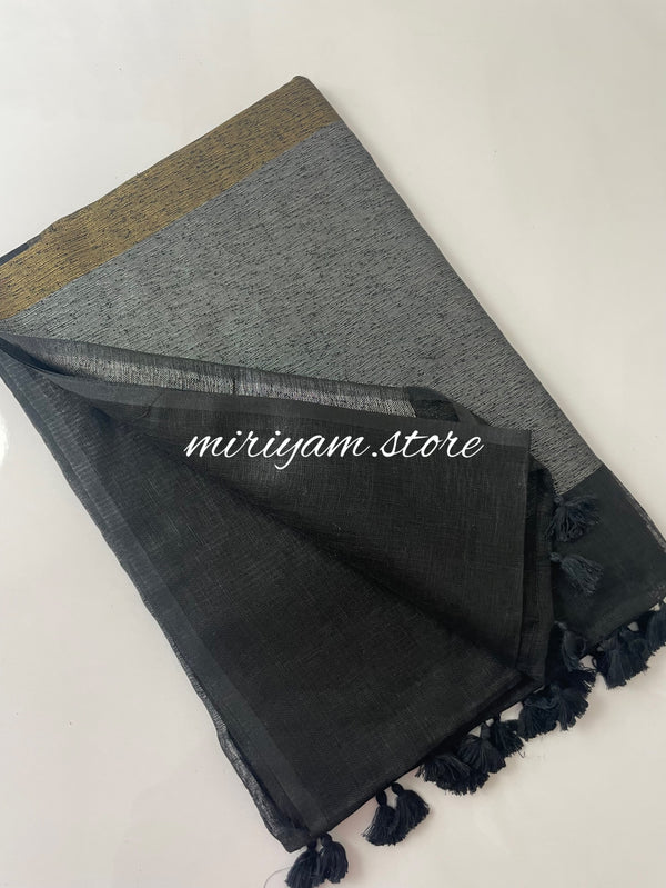 Pure Linen Saree with designer pallu - MLS752 BLACK