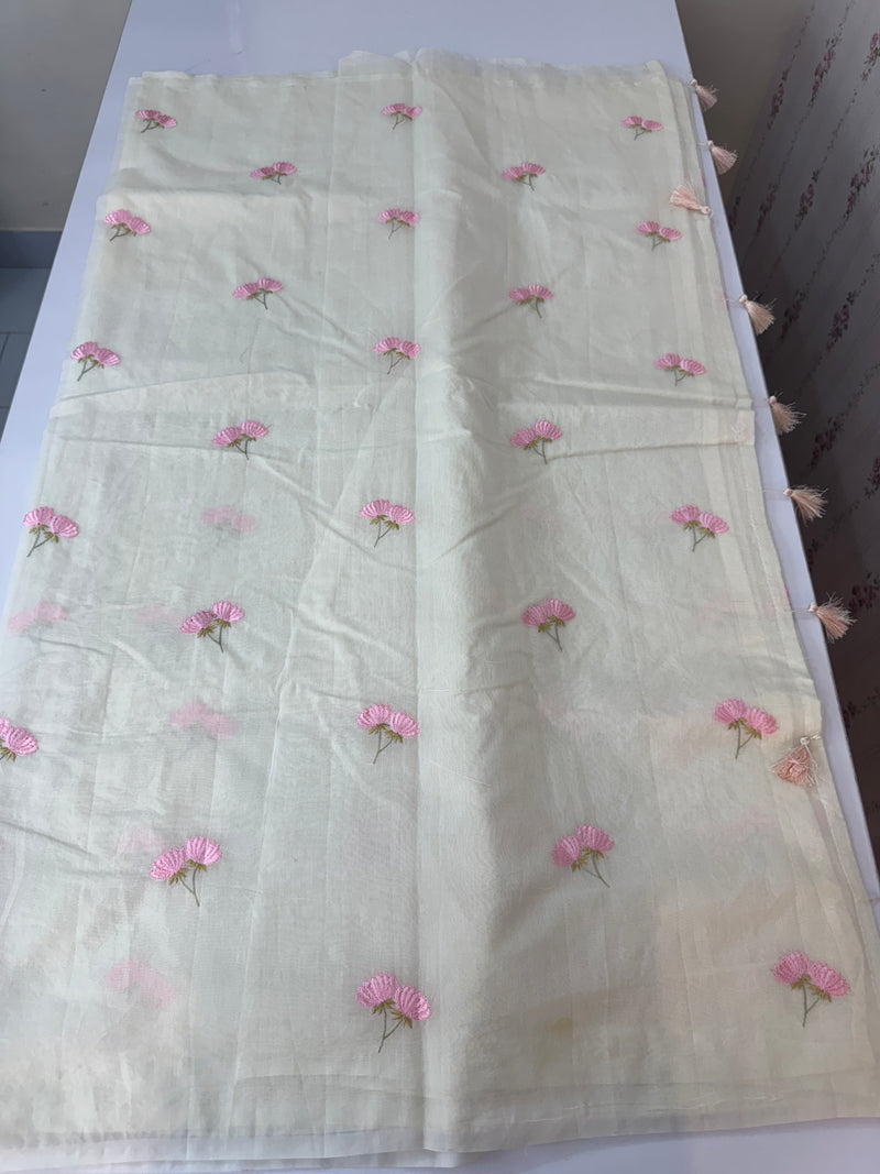Mul chanderi saree with embriodery MSH114- Pink flowers