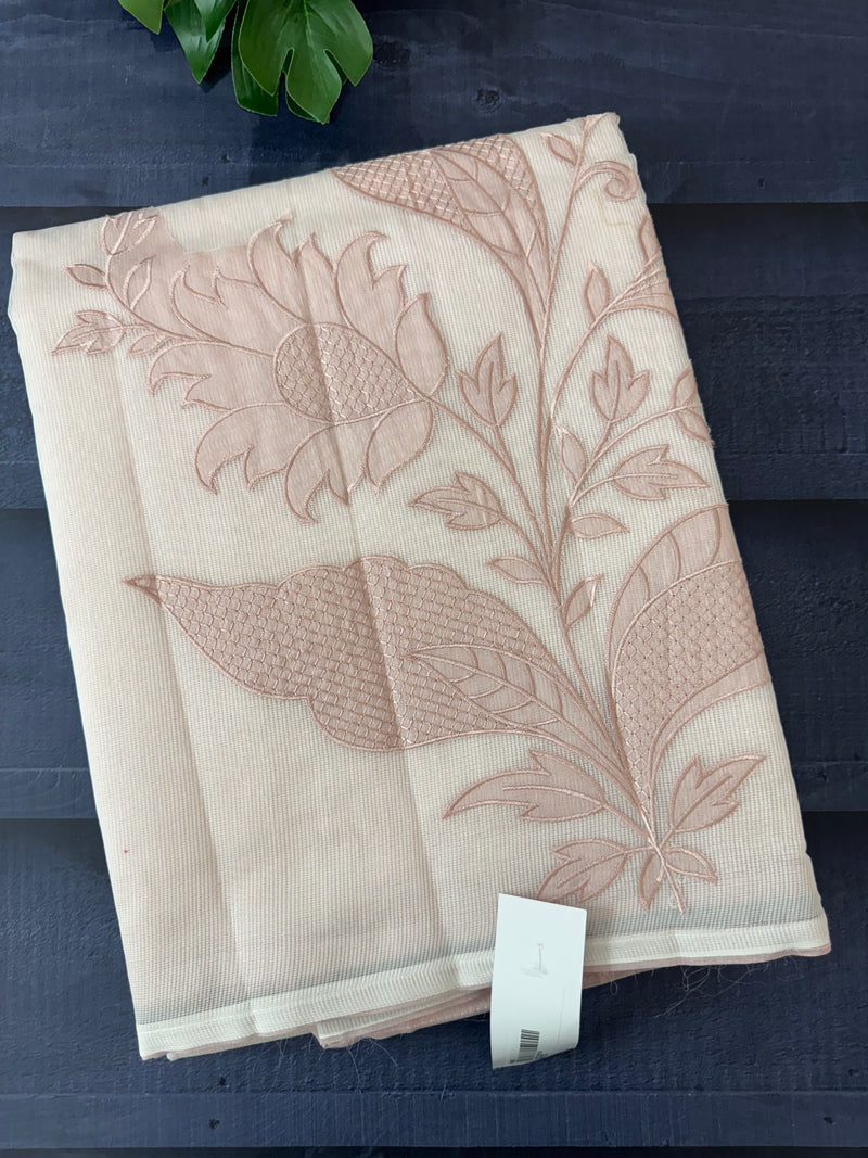 Supernet saree with applique work MCJ5433 - NudePeach to White