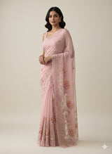 Supernet saree with embroidery and handpaintingwork MSH104- PastelPeach