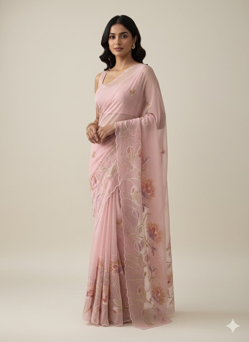 Supernet saree with embroidery and handpaintingwork MSH104- PastelPeach