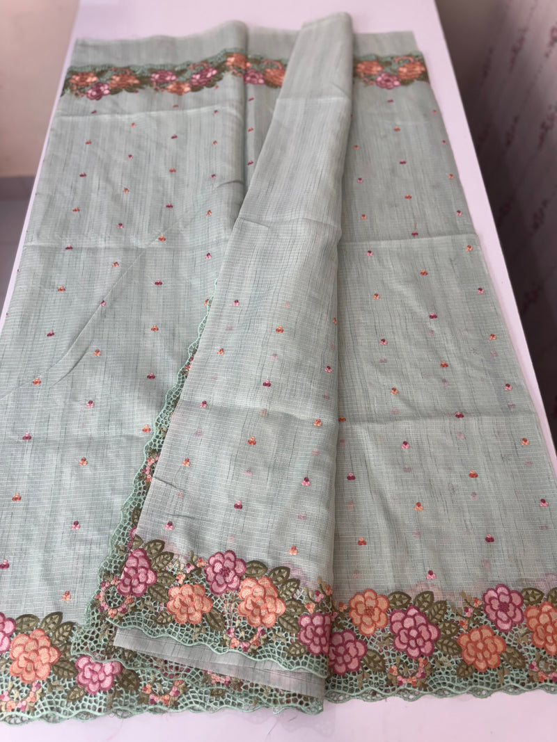 Embriodery Kota Silk Cutwork saree SBLCYTM -PastelGreen