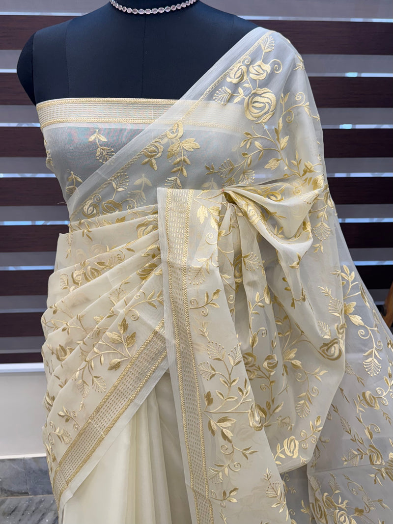 Banarasi kora oraganza saree with embroidery  MKOS324 LightCream