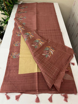 Crushed Blended tussar silk saree with embroidery- SNFCYEY Pinkish Brown