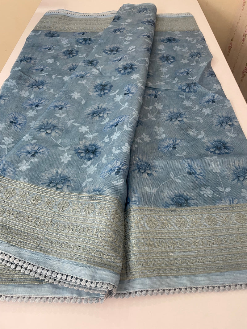 Supernet saree with digital prints and chikankari border SKFNSEM