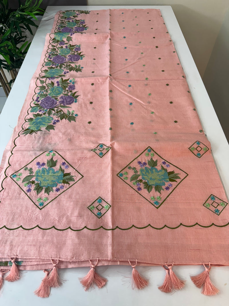 Crushed semi tussar silk saree with embroidery- SNFCYEY35 Pink