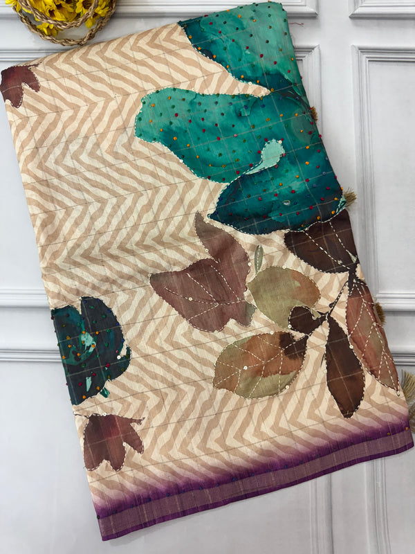 Blended tussar silk saree with french knots, sequence and kanta work - MS14855
