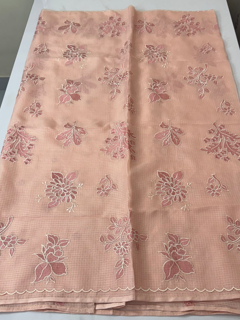 Soft kota silk saree with applique embroidery and scalloped border MS15232- PastelPeach