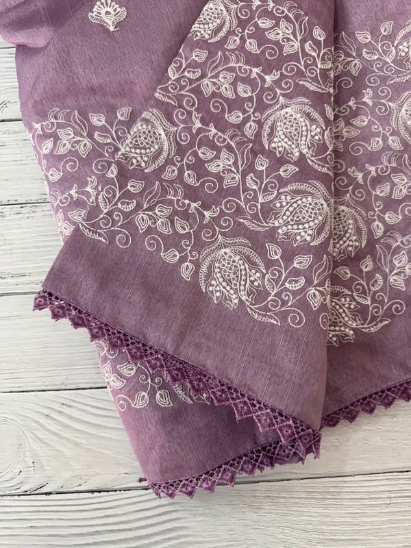 Art silk saree with white thread embroidery SVTS29 - Lavender