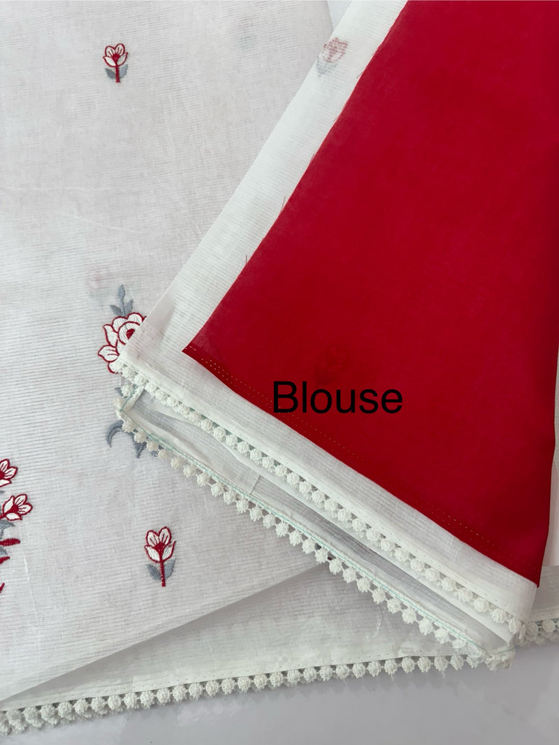 Cotton embriodery saree MS14534- White & Red