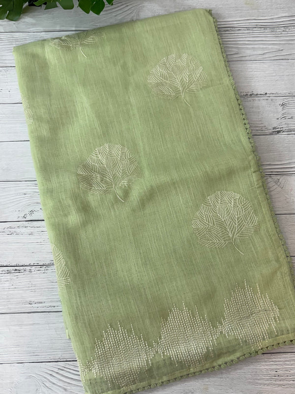 Semi linen saree with embroidery- MS15087 PastelGreen