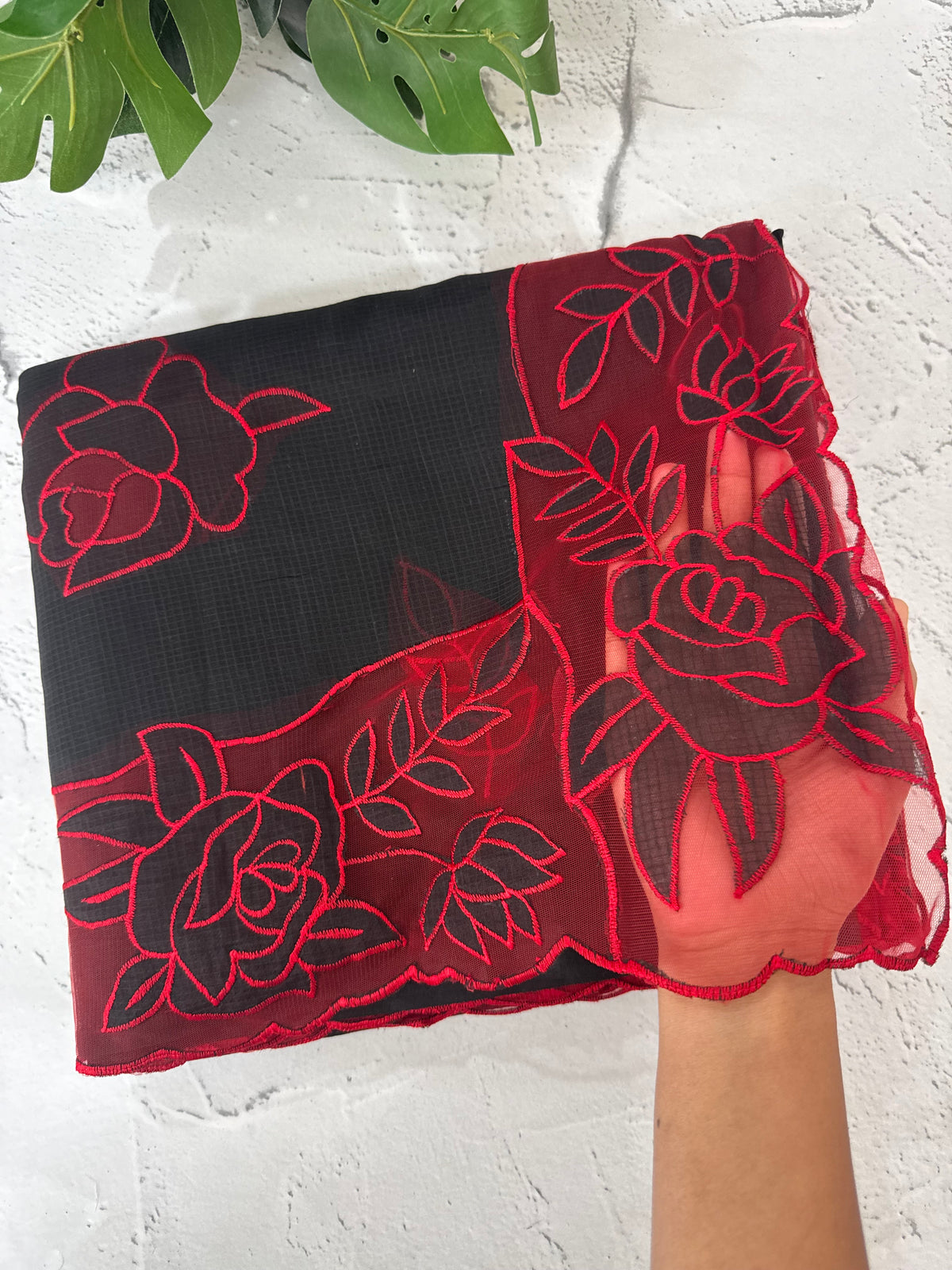 Moonga checks Applique work saree  MSH110- Black & Red