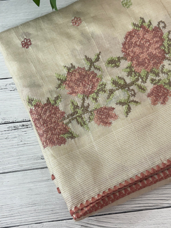 Blended tussar silk saree with cross stitch embroidery MS40490