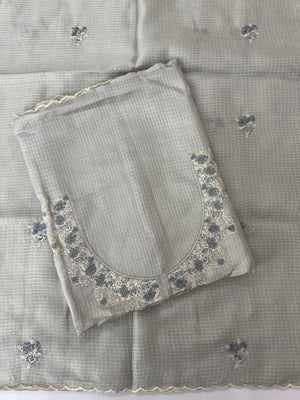 Unstitched Silky Kota Set with embroidery- MK66 Grey