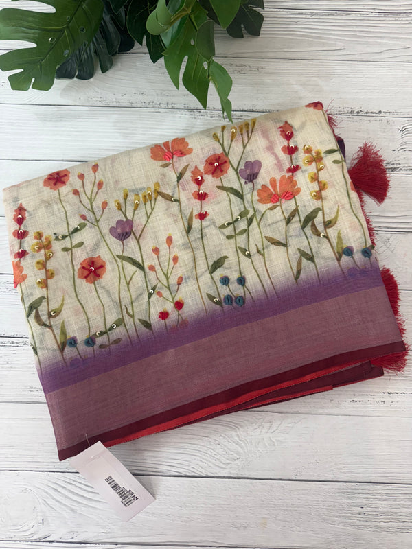 Handworked floral digital printed semi Linen Saree MLS611