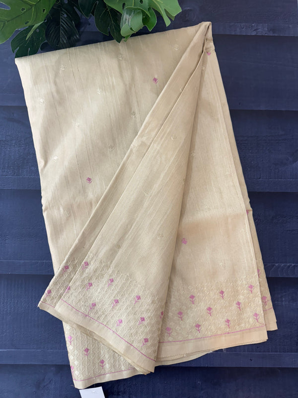 Blended tussar saree with embriodery - SEFNMYS Cream