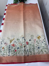 Handworked floral digital printed semi Linen Saree MLS611