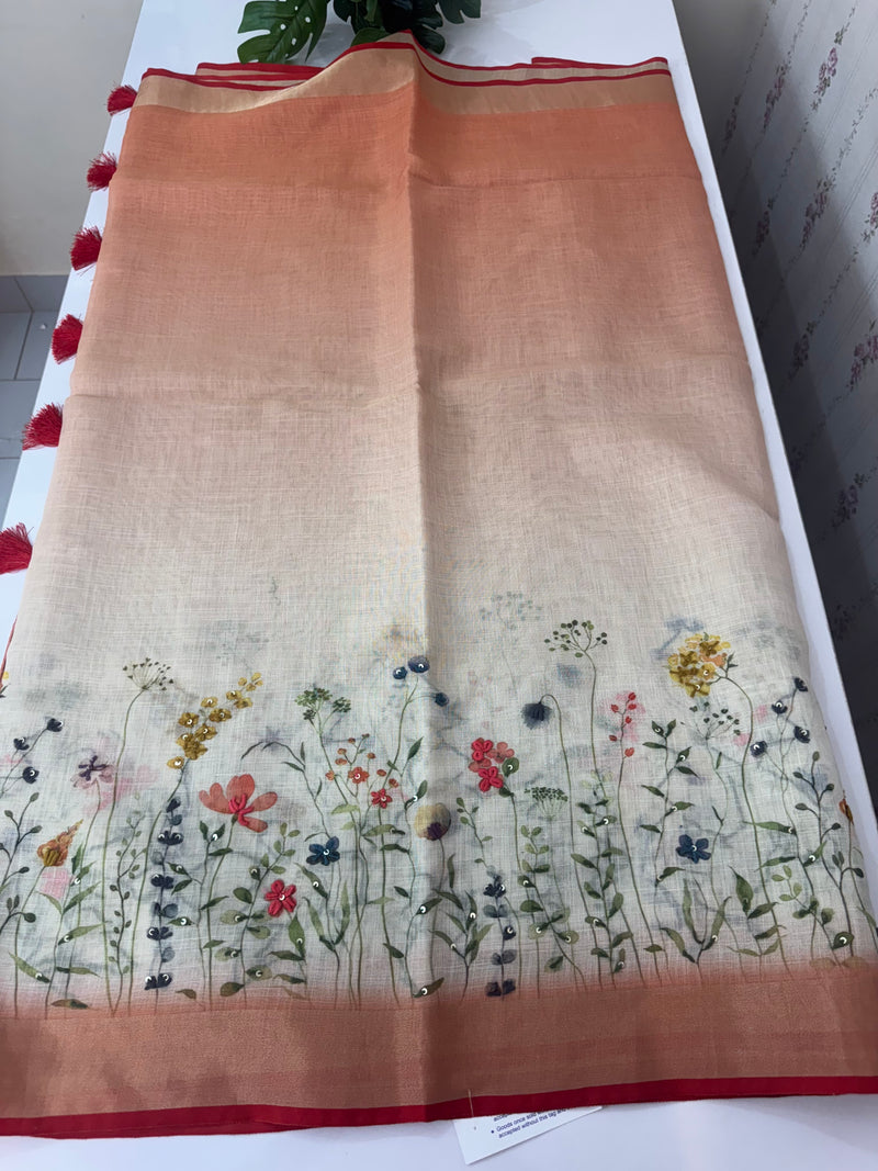 Handworked floral digital printed semi Linen Saree MLS611