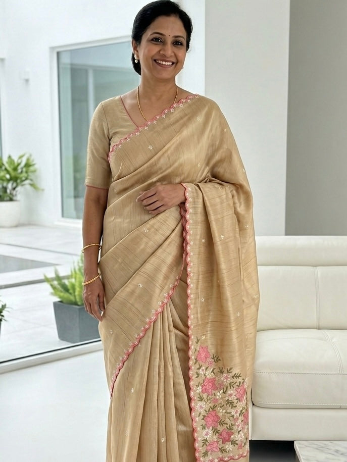 Blended tussar silk saree with embroidery- MS1072 Beige to Pink