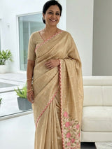 Blended tussar silk saree with embroidery- MS1072 Beige to Pink