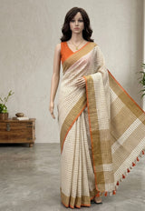 Linen checks saree with zari border MLS9766- Cream & Orange