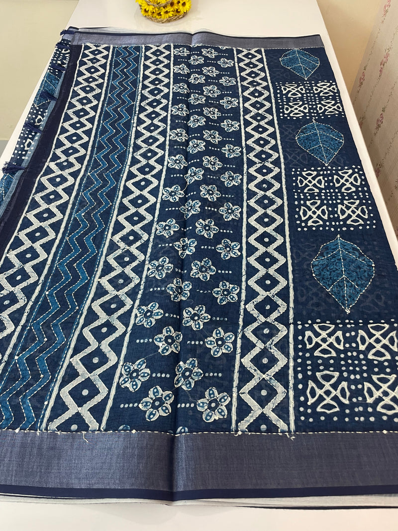 Indigo chanderi saree with kanta embriodery MS59012