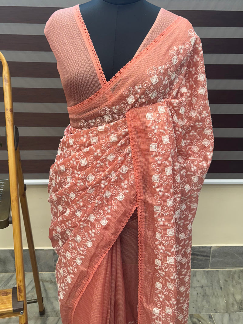 Soft kota checks saree with embroidery SVTS25 Peach