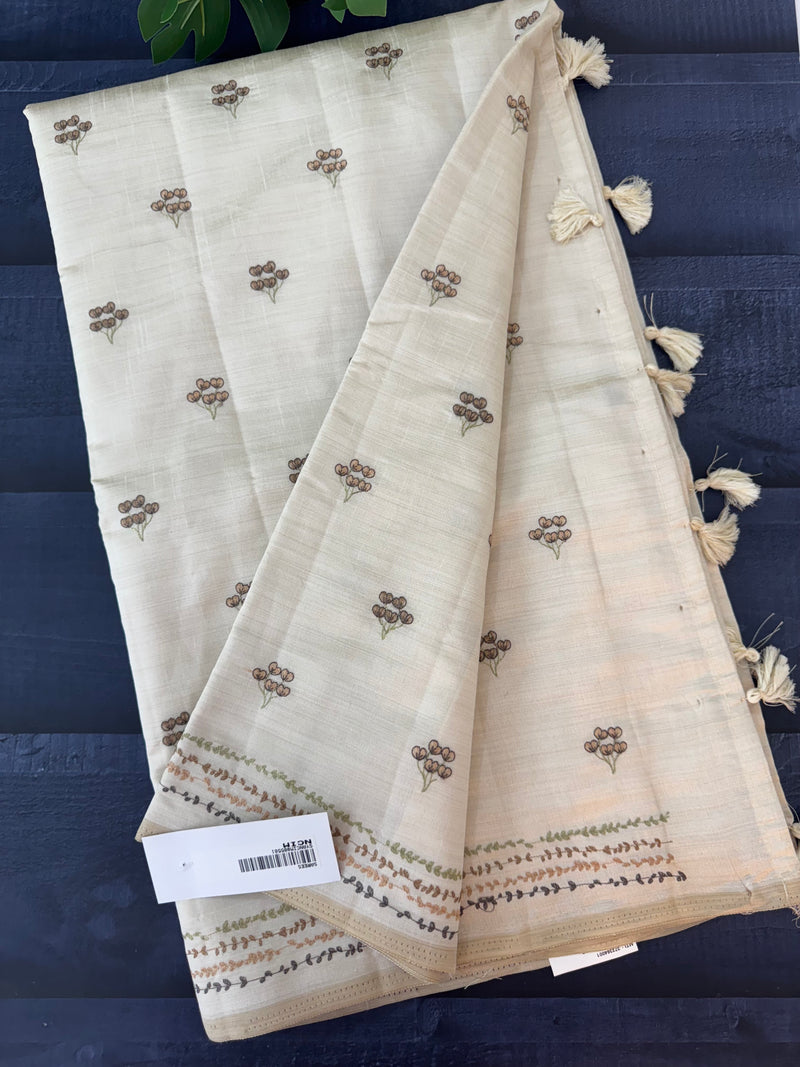 Soft semi tussar silk saree with embroidery-MSCS637