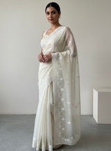 Semi organza saree with lace embroidery MSH117- Ivory