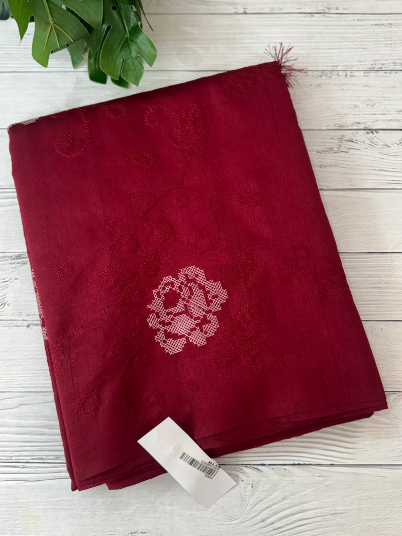 Blended Matka Tussar silk saree with cross stitch embroidery MS4899 MaroonRed
