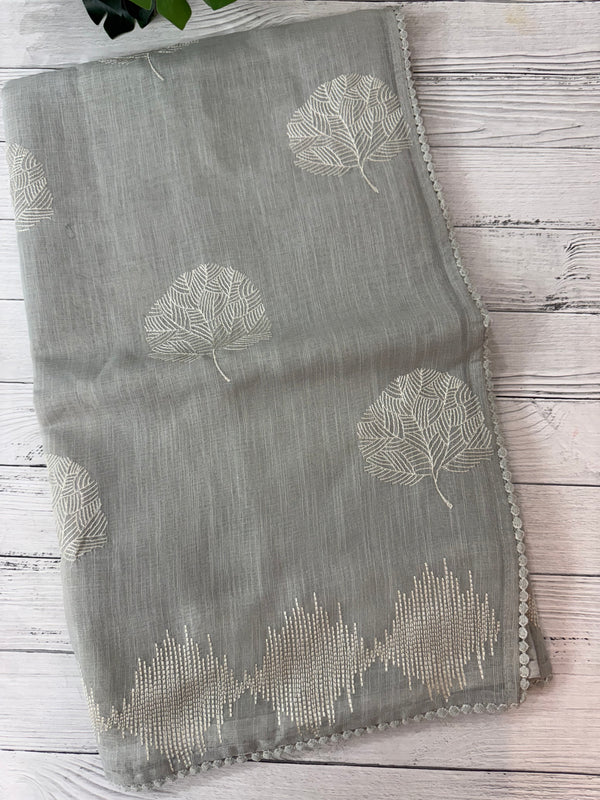 Semi linen saree with embroidery- MS15087 PastelGrey