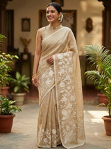 Jute linen saree with applique work MSH276 Chiku