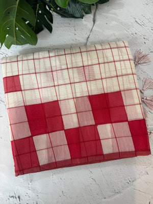 Checks Mul chanderi saree-  MSH306 Red to White